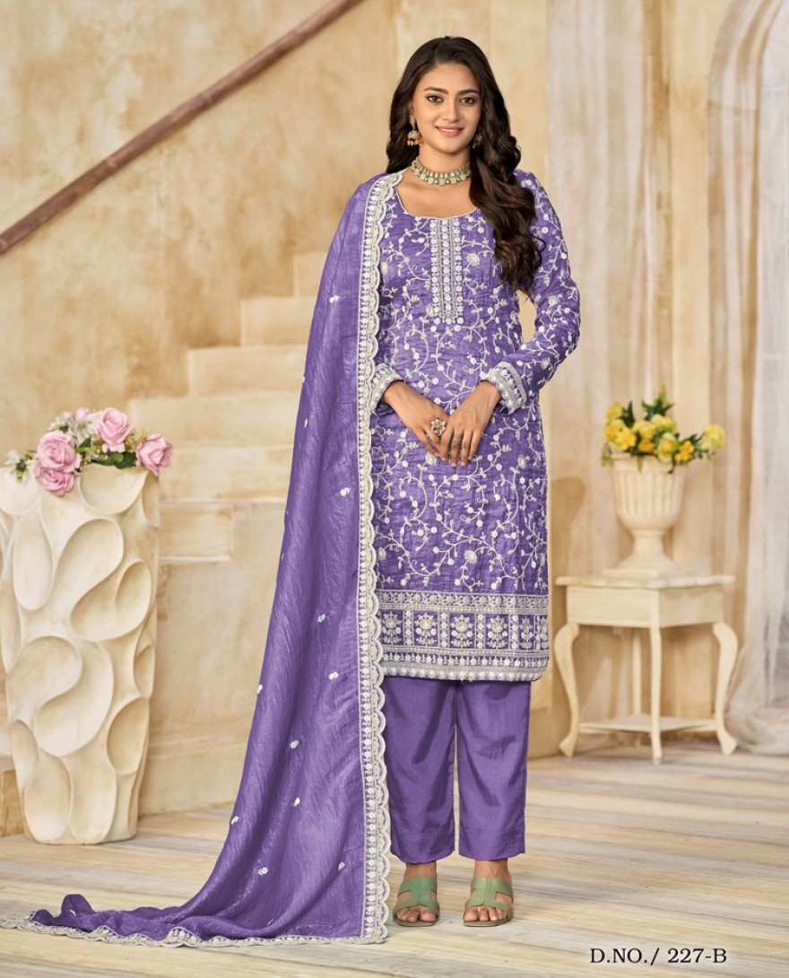 227-purple - Crush Straight Suit with Embroidered Work for Festival in Violet
